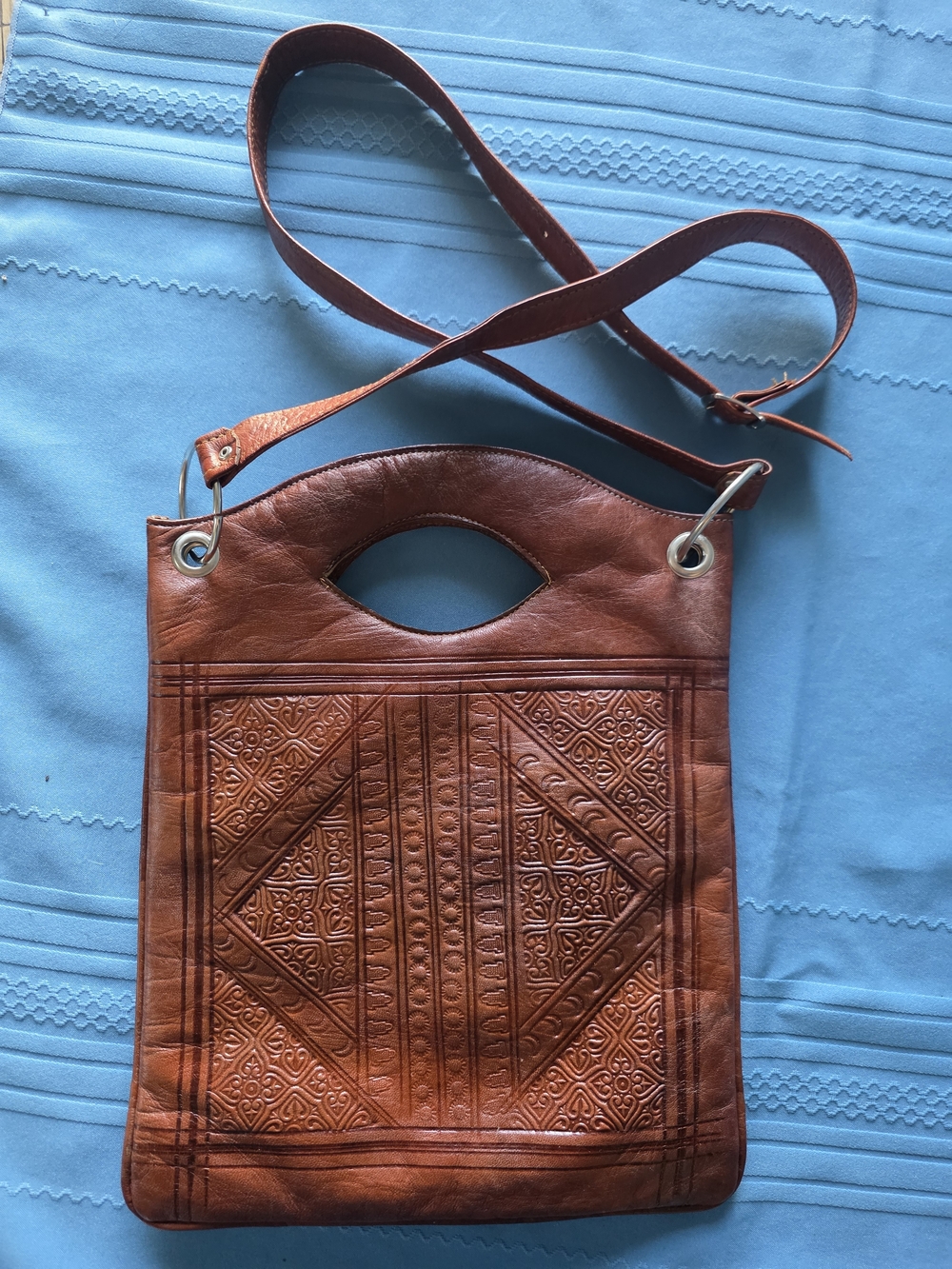 Vintage Moroccan Hand Tooled Leather Crossbody Bag Boho Berber Shoulder Tote
